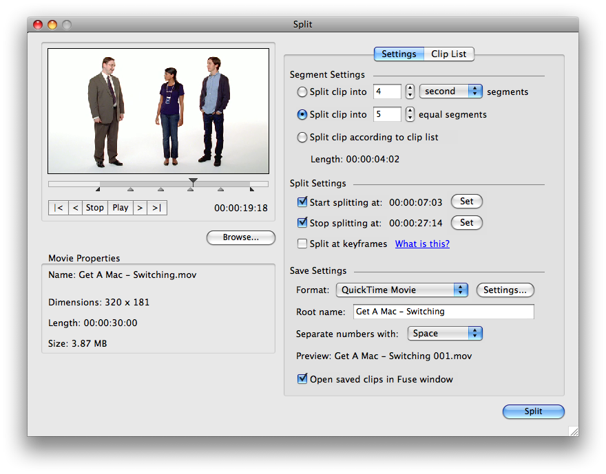 quicktime editor for mac save split